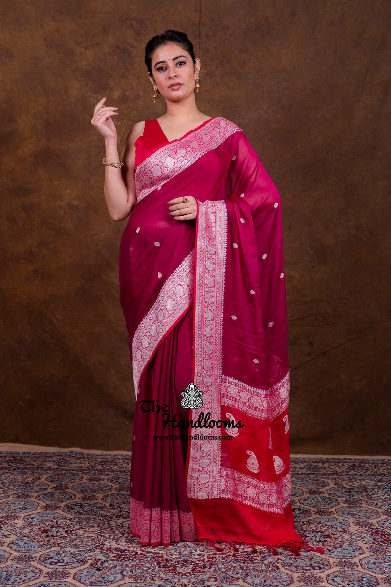 Rani Pink Pure Georgette Banarasi Handloom Saree - Silver Zari