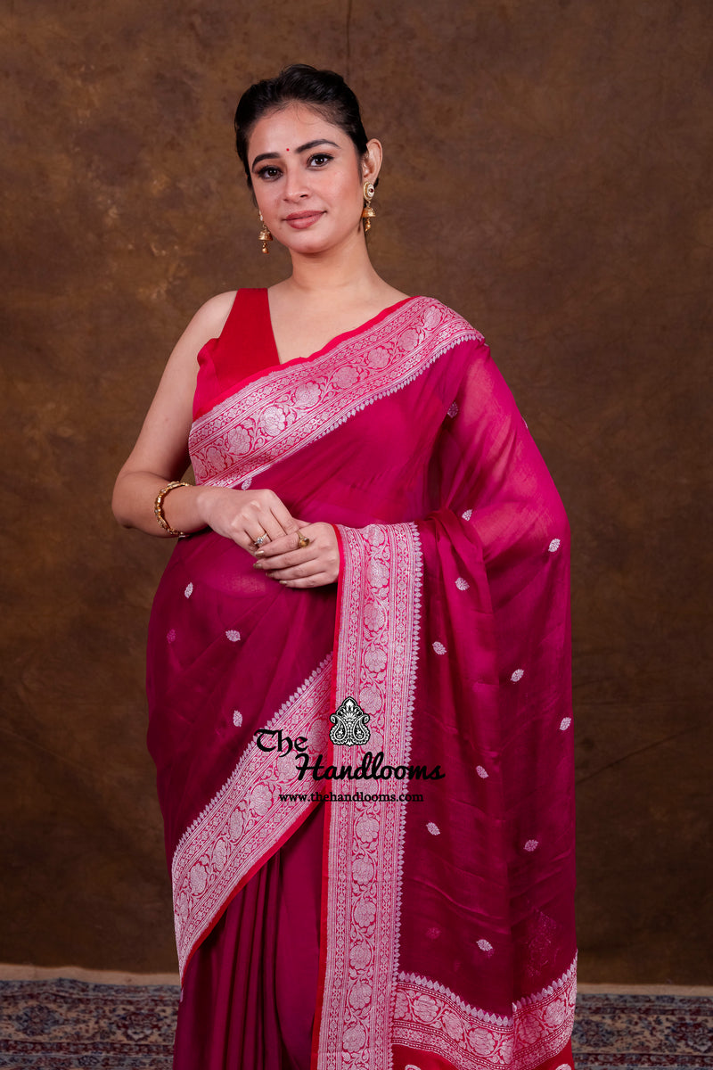 Rani Pink Pure Georgette Banarasi Handloom Saree - Silver Zari