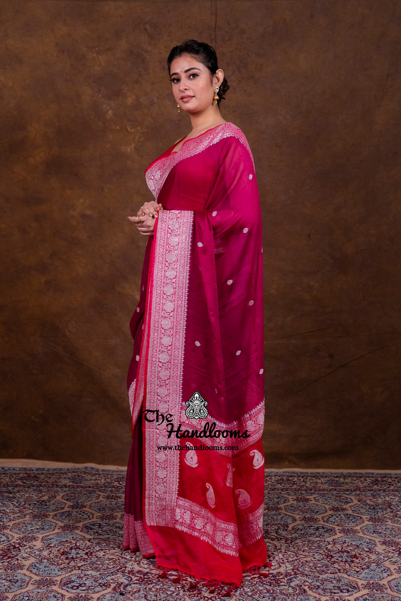 Rani Pink Pure Georgette Banarasi Handloom Saree - Silver Zari