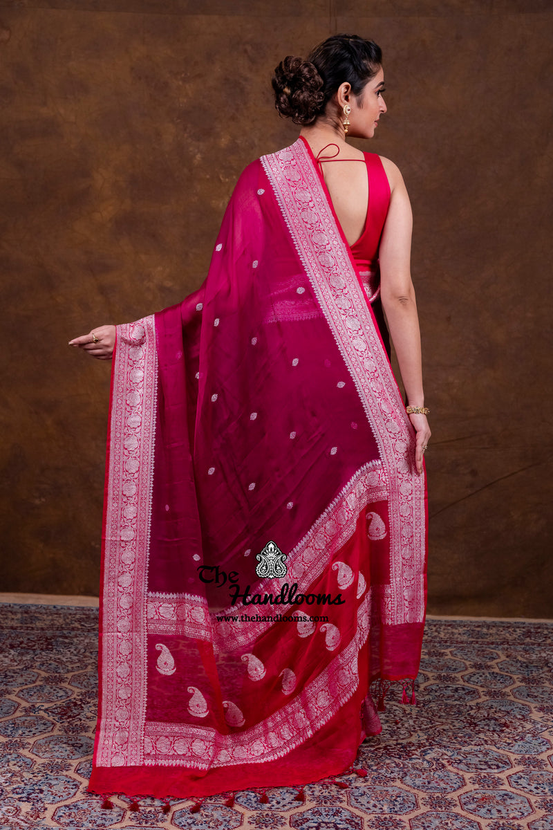 Rani Pink Pure Georgette Banarasi Handloom Saree - Silver Zari