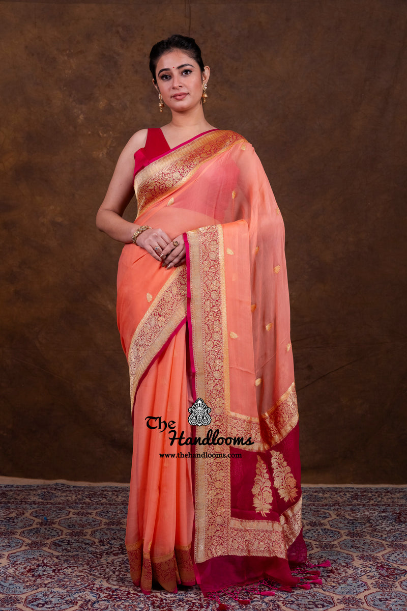Peach Pure Georgette Banarasi Saree - Gold Zari