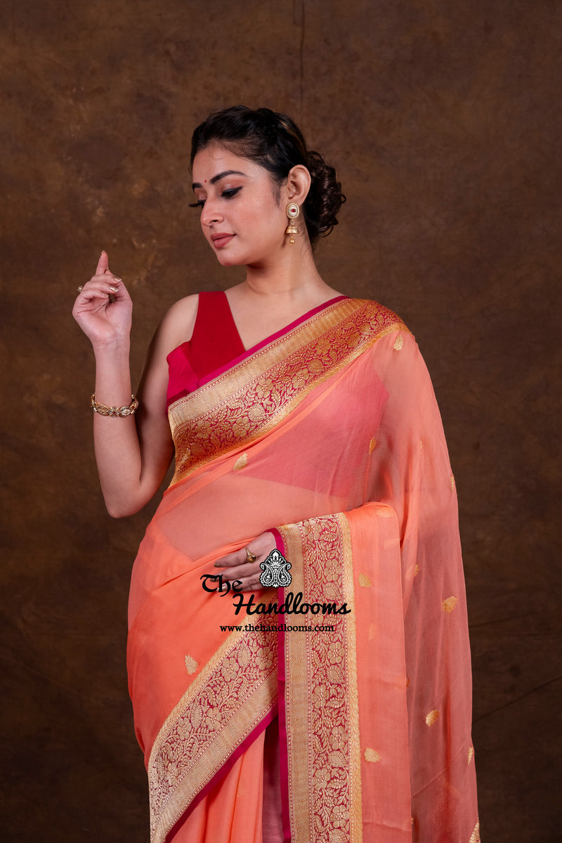 Peach Pure Georgette Banarasi Saree - Gold Zari