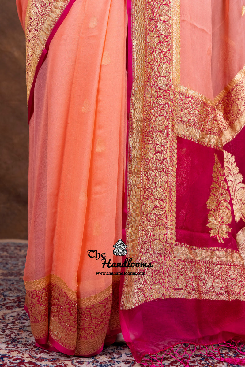 Peach Pure Georgette Banarasi Saree - Gold Zari