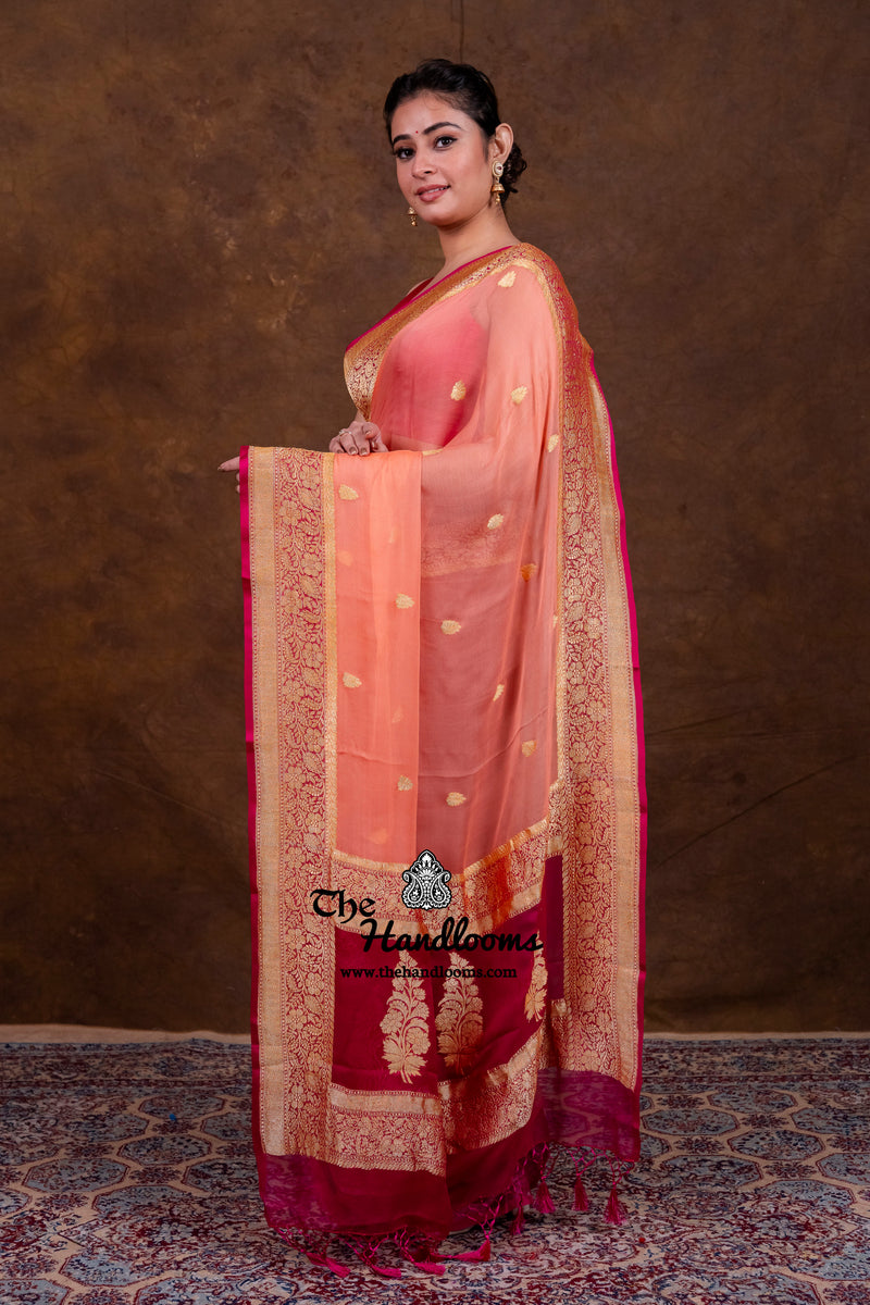 Peach Pure Georgette Banarasi Saree - Gold Zari