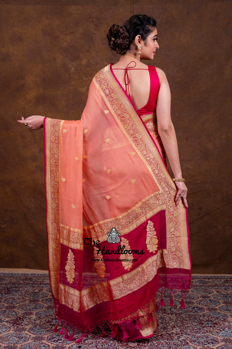 Peach Pure Georgette Banarasi Saree - Gold Zari