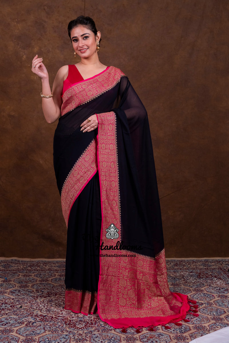 Black Pure Khaddi Georgette Handloom Banarasi Saree - Antique Zari