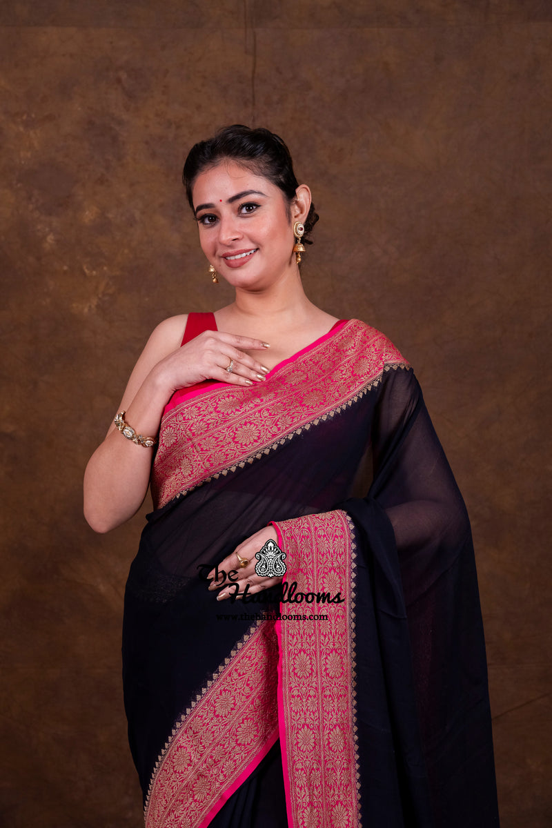 Black Pure Khaddi Georgette Handloom Banarasi Saree - Antique Zari