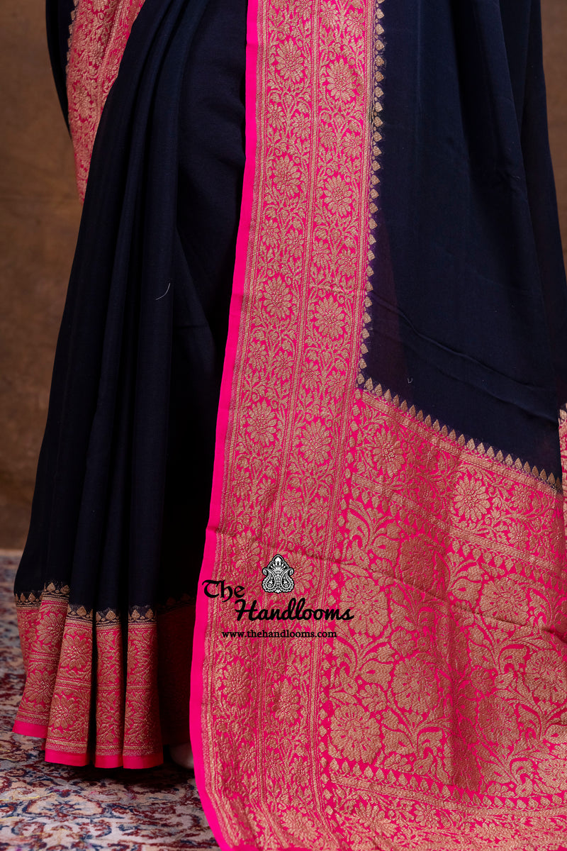 Black Pure Khaddi Georgette Handloom Banarasi Saree - Antique Zari