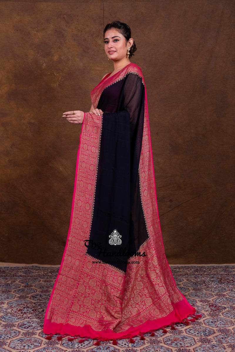 Black Pure Khaddi Georgette Handloom Banarasi Saree - Antique Zari