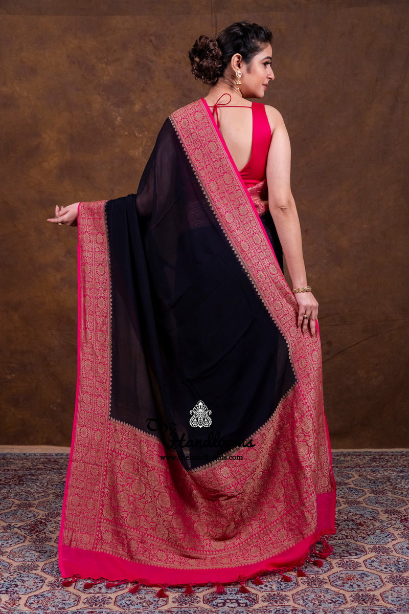 Black Pure Khaddi Georgette Handloom Banarasi Saree - Antique Zari