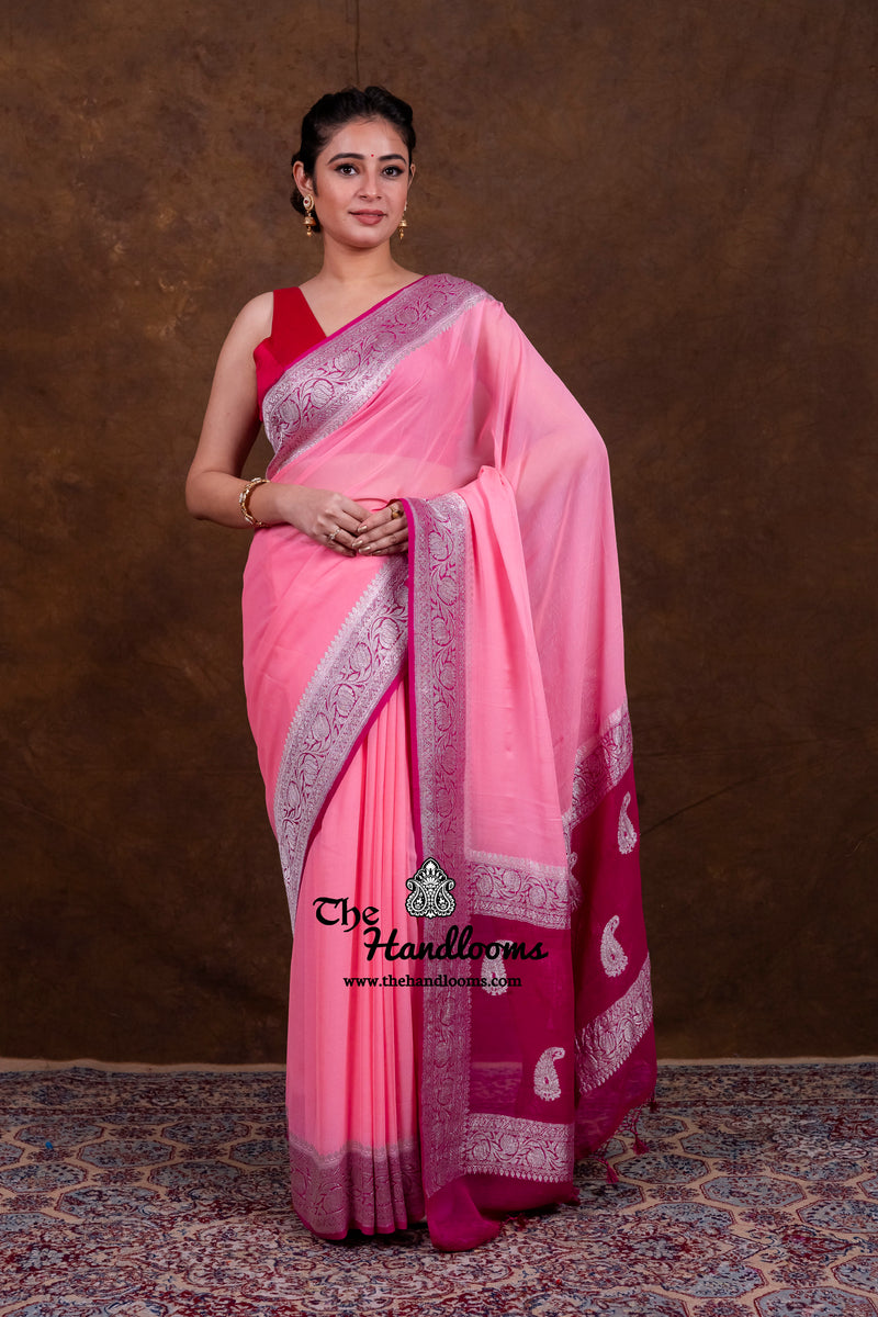 Pink Pure Georgette Banarasi Handloom Saree