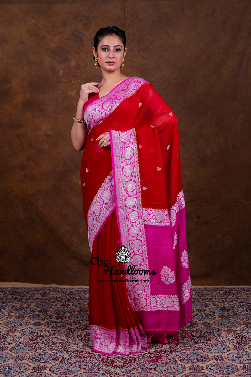 Red Pure Georgette Banarasi Handloom Saree
