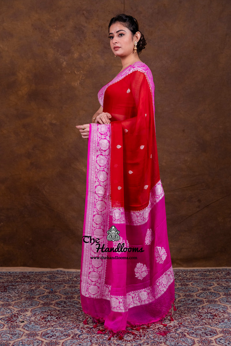 Red Pure Georgette Banarasi Handloom Saree