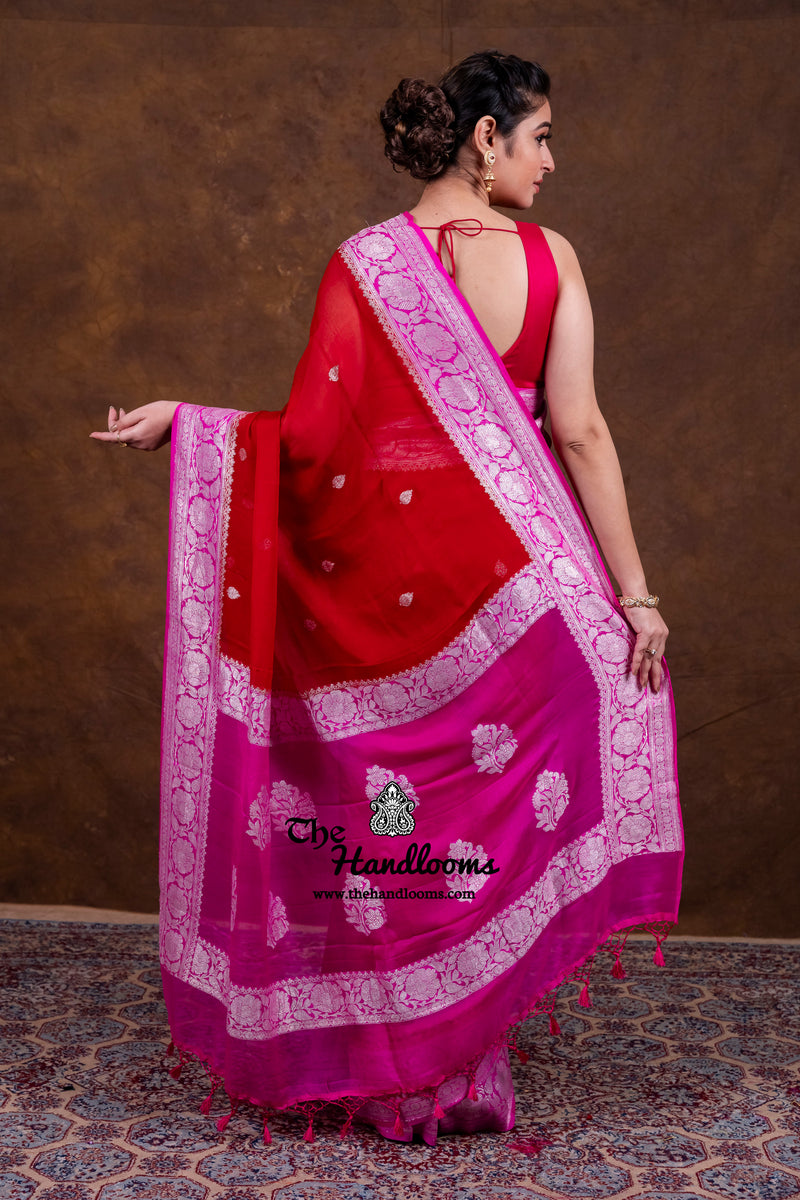 Red Pure Georgette Banarasi Handloom Saree