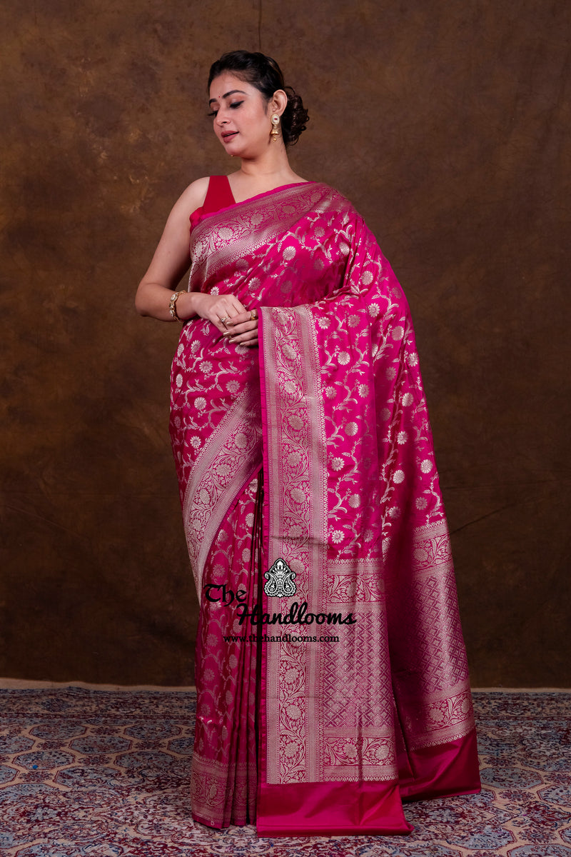 Hot Pink Pure Katan Silk Banarasi Handloom Saree - All Over Jaal Work