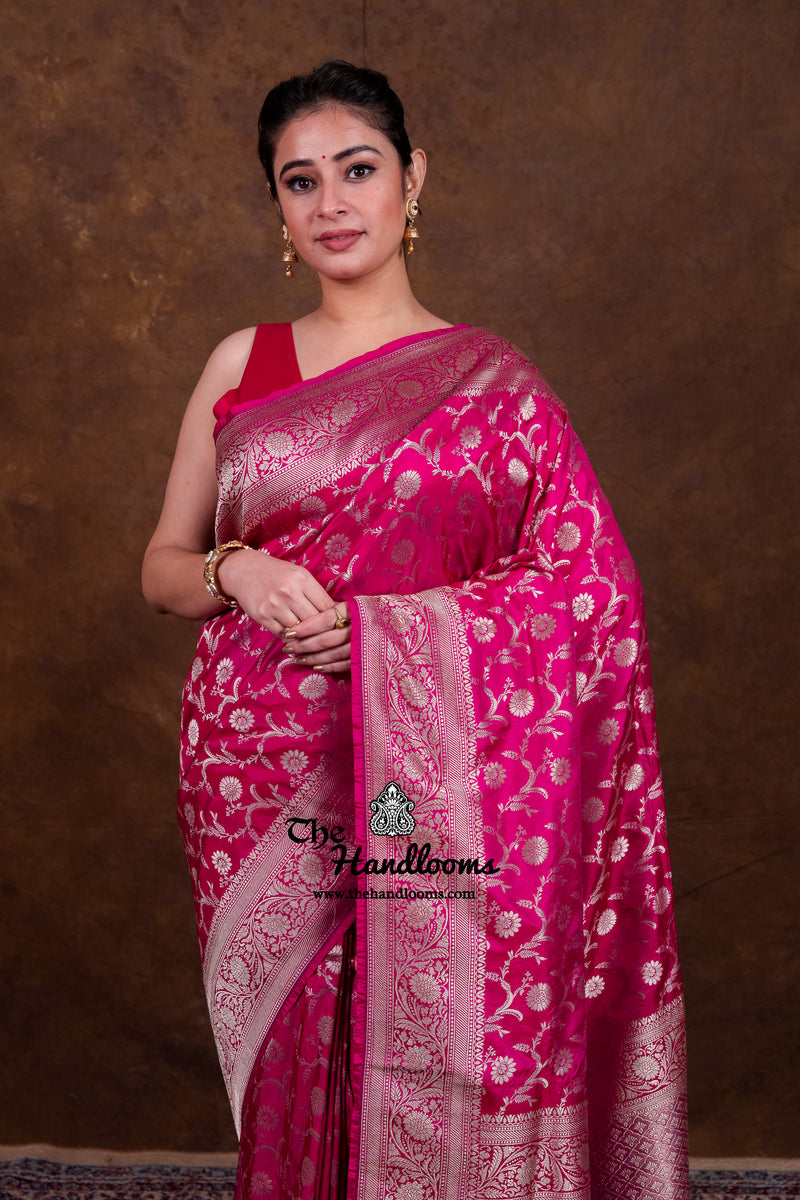 Hot Pink Pure Katan Silk Banarasi Handloom Saree - All Over Jaal Work