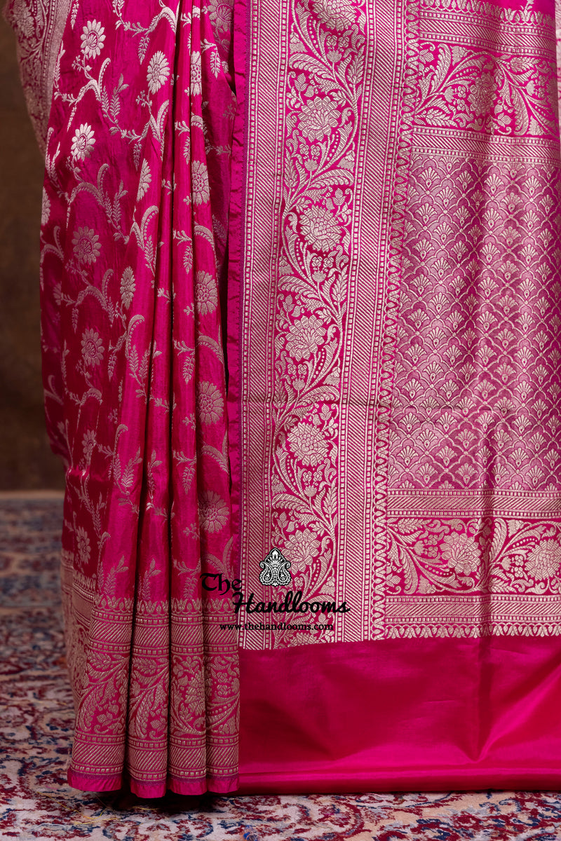 Hot Pink Pure Katan Silk Banarasi Handloom Saree - All Over Jaal Work