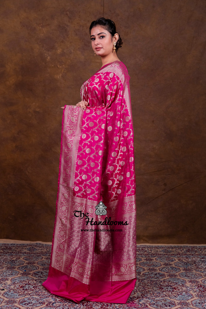 Hot Pink Pure Katan Silk Banarasi Handloom Saree - All Over Jaal Work