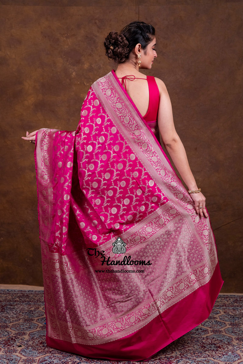 Hot Pink Pure Katan Silk Banarasi Handloom Saree - All Over Jaal Work
