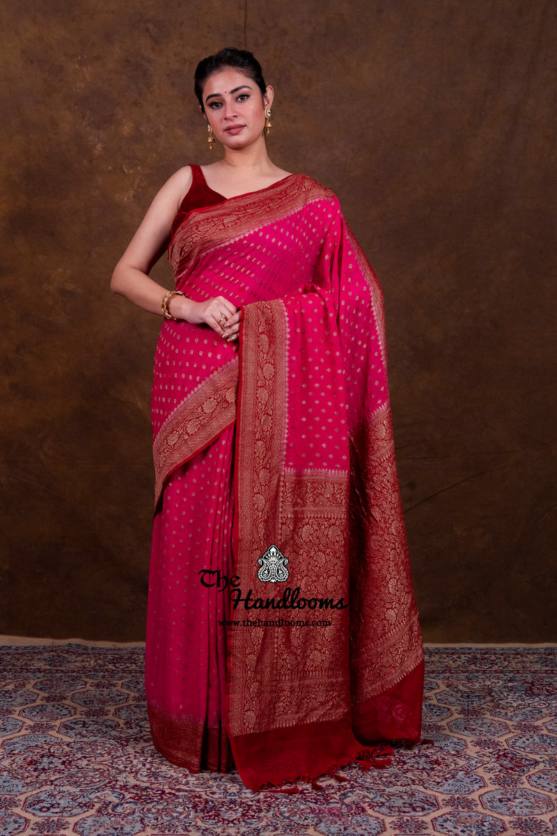 Hot Pink Pure Khaddi Georgette Handloom Banarasi Saree - Antique Zari