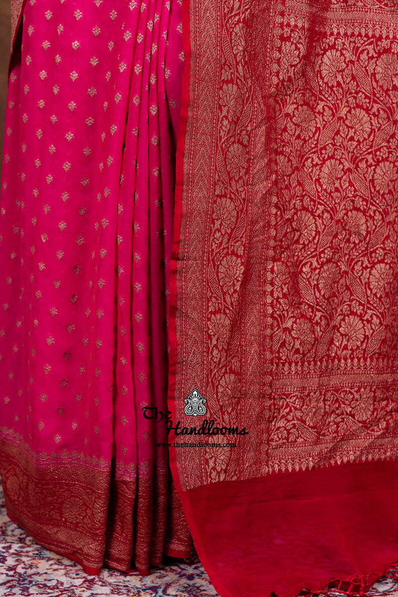 Hot Pink Pure Khaddi Georgette Handloom Banarasi Saree - Antique Zari
