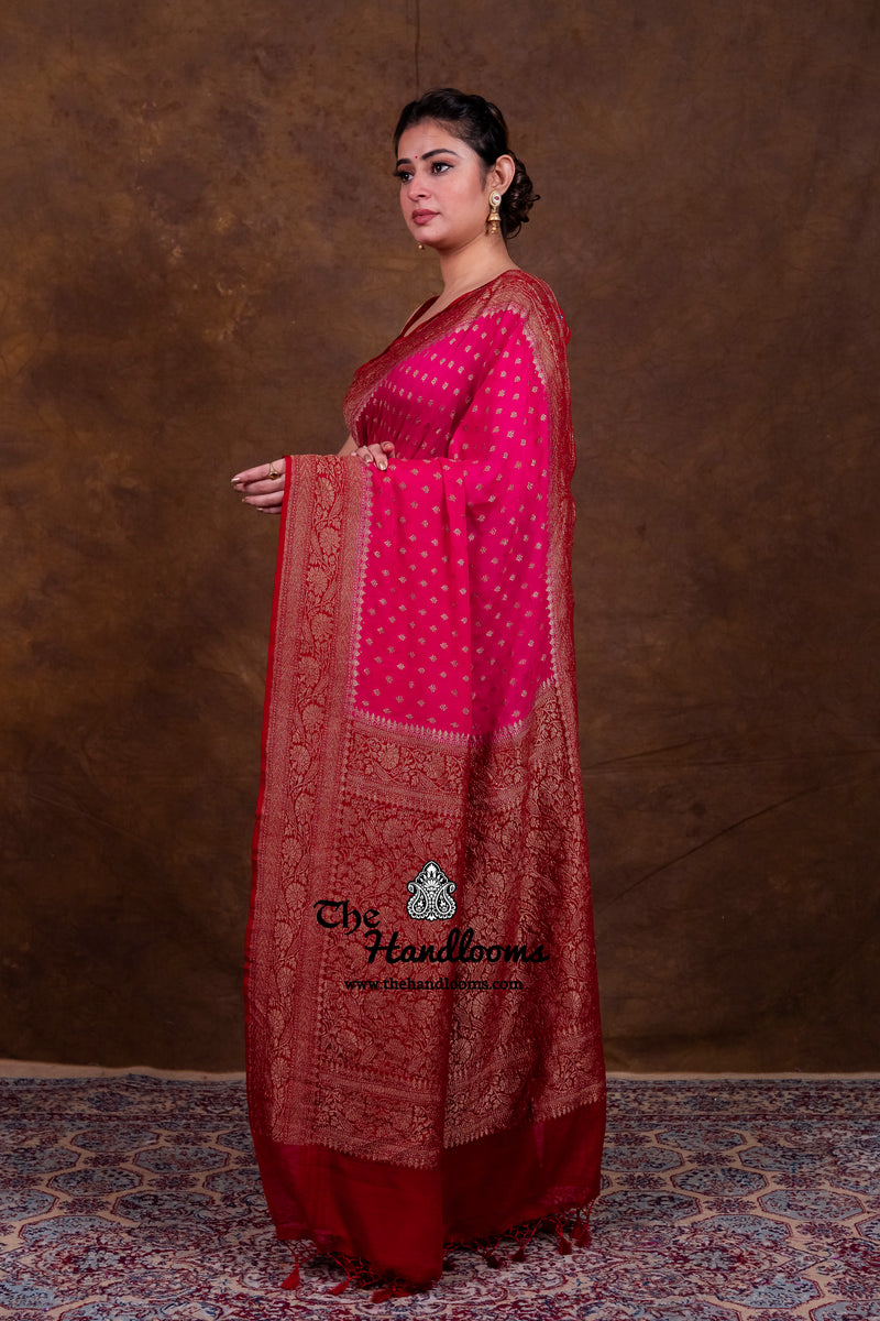 Hot Pink Pure Khaddi Georgette Handloom Banarasi Saree - Antique Zari