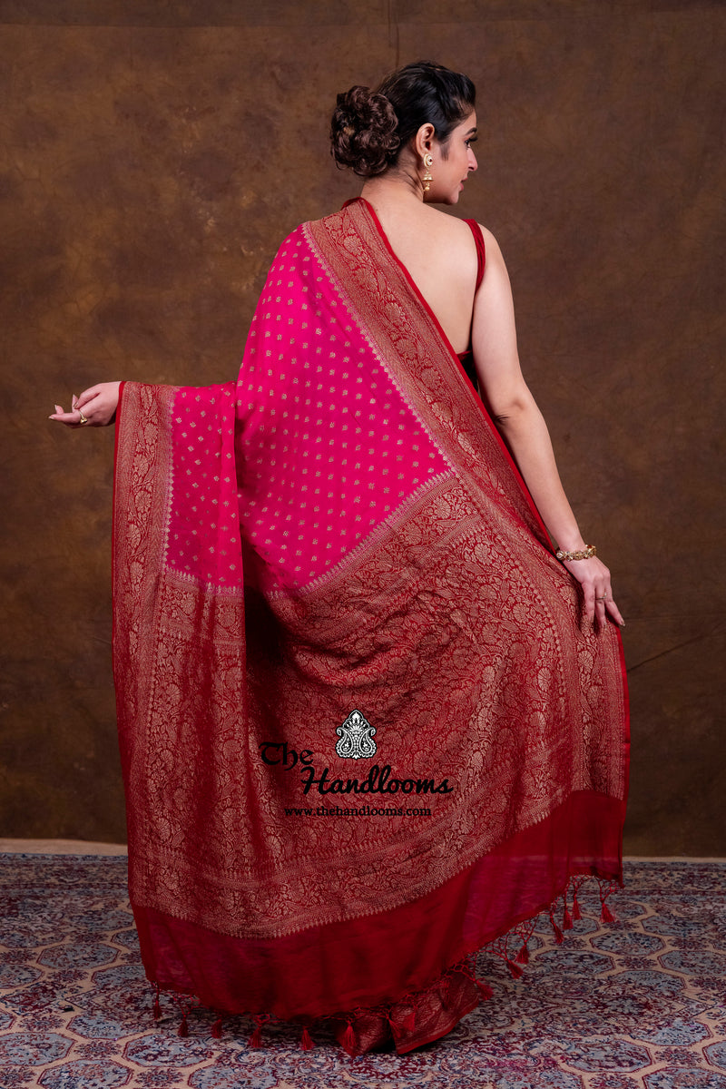 Hot Pink Pure Khaddi Georgette Handloom Banarasi Saree - Antique Zari