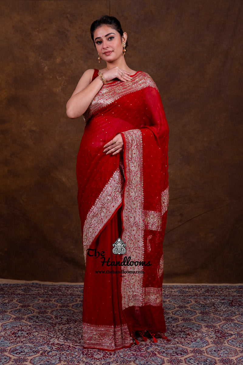 Maroon Pure Georgette Handloom Banarasi Saree with Handwork: Katdana, and Abla Detailing