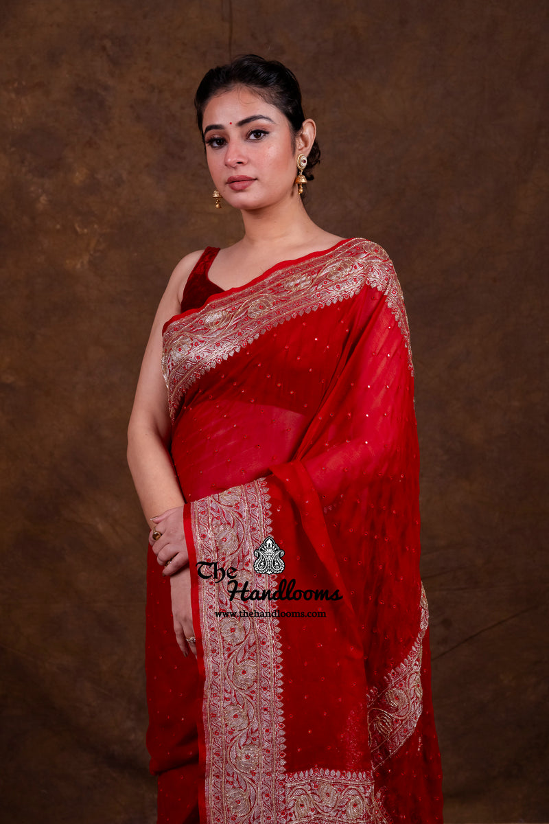 Maroon Pure Georgette Handloom Banarasi Saree with Handwork: Katdana, and Abla Detailing