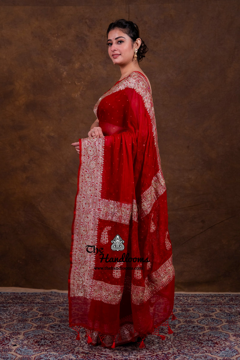 Maroon Pure Georgette Handloom Banarasi Saree with Handwork: Katdana, and Abla Detailing