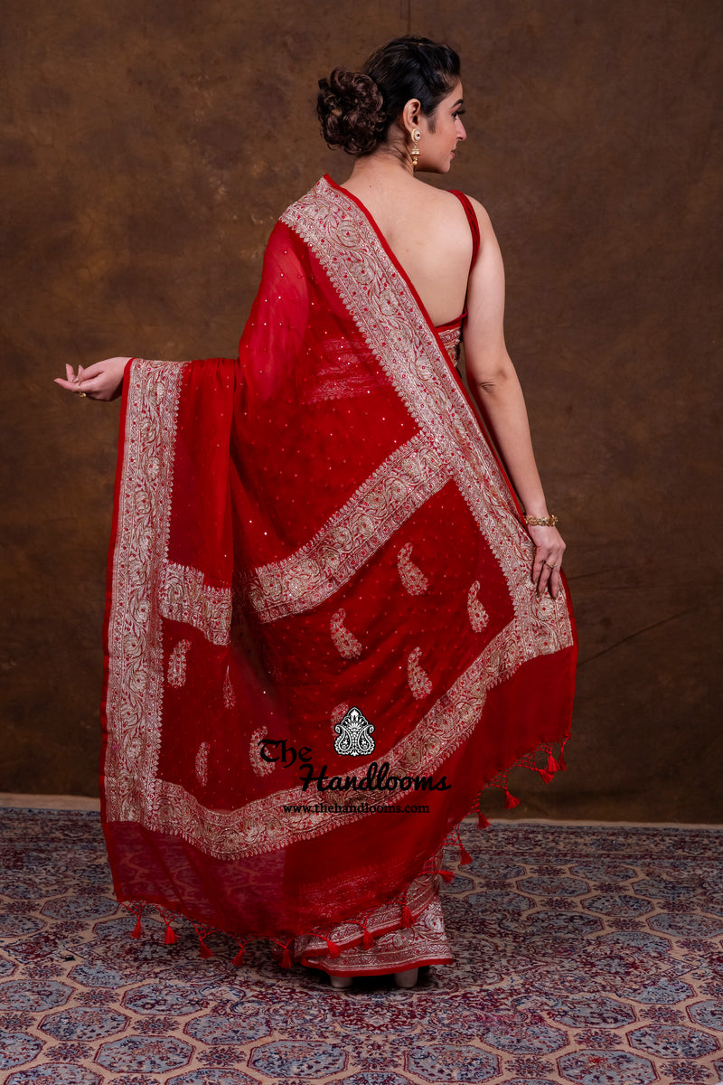 Maroon Pure Georgette Handloom Banarasi Saree with Handwork: Katdana, and Abla Detailing