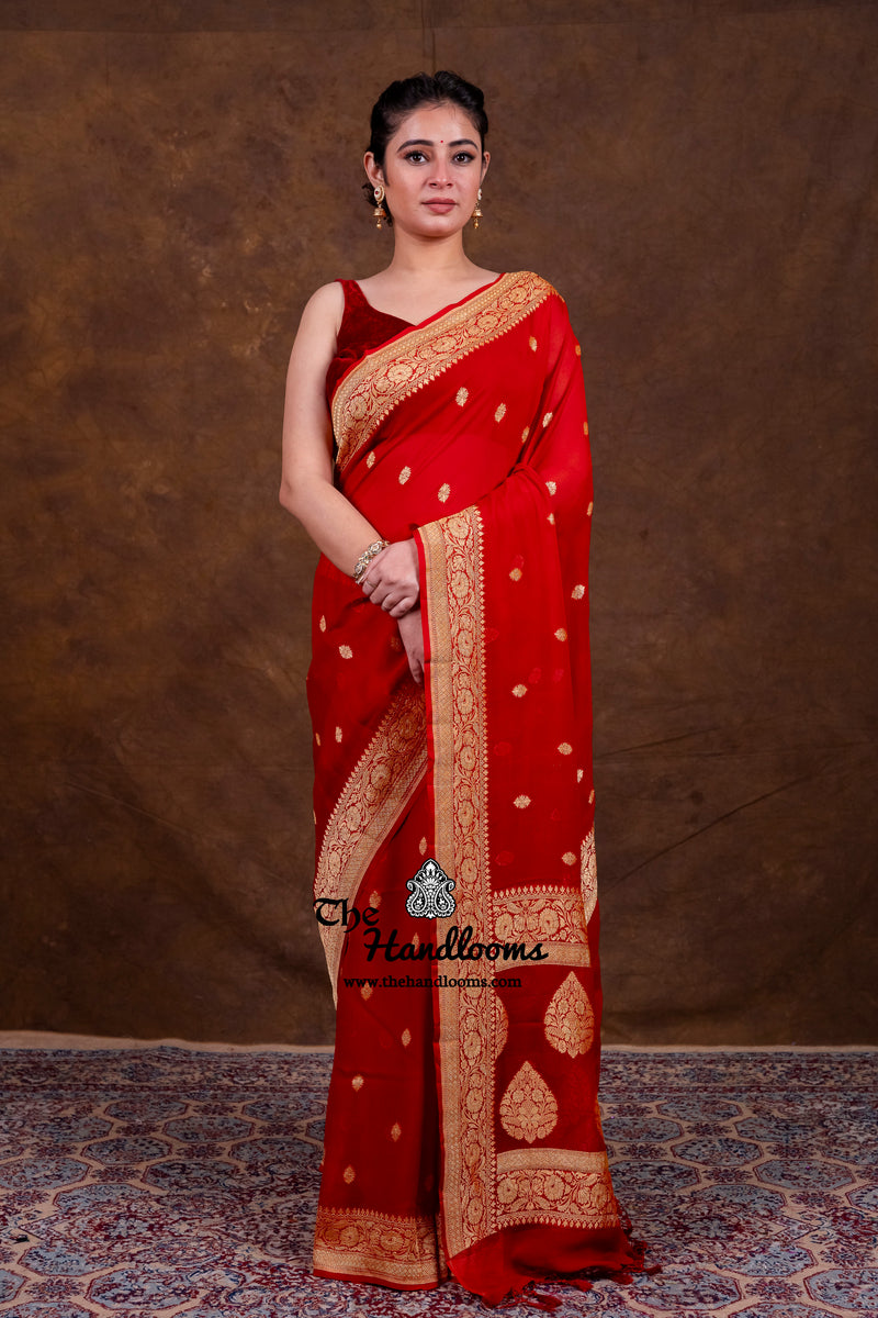 Red Pure Georgette Banarasi Saree - Gold Zari