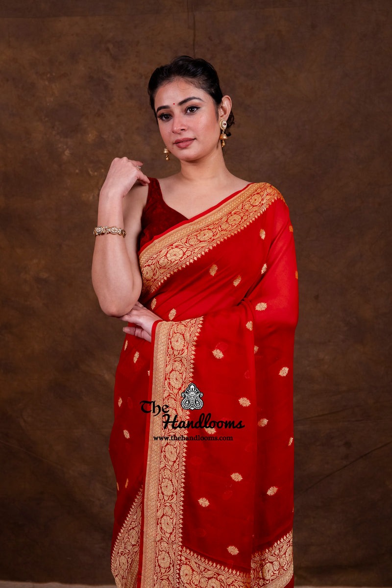 Red Pure Georgette Banarasi Saree - Gold Zari