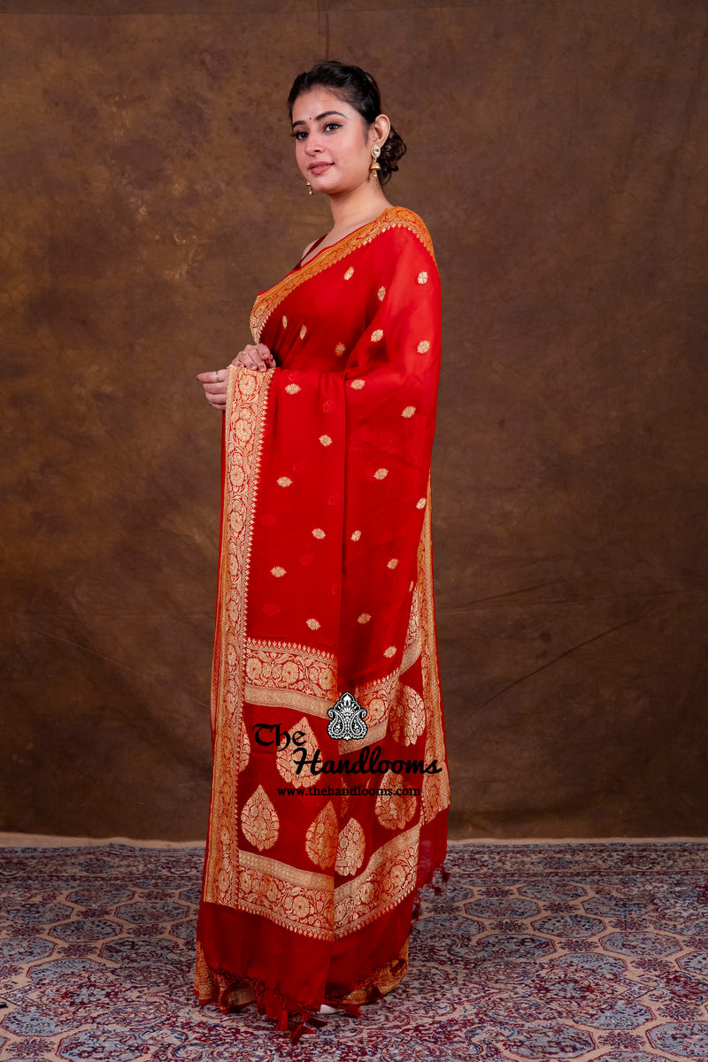 Red Pure Georgette Banarasi Saree - Gold Zari