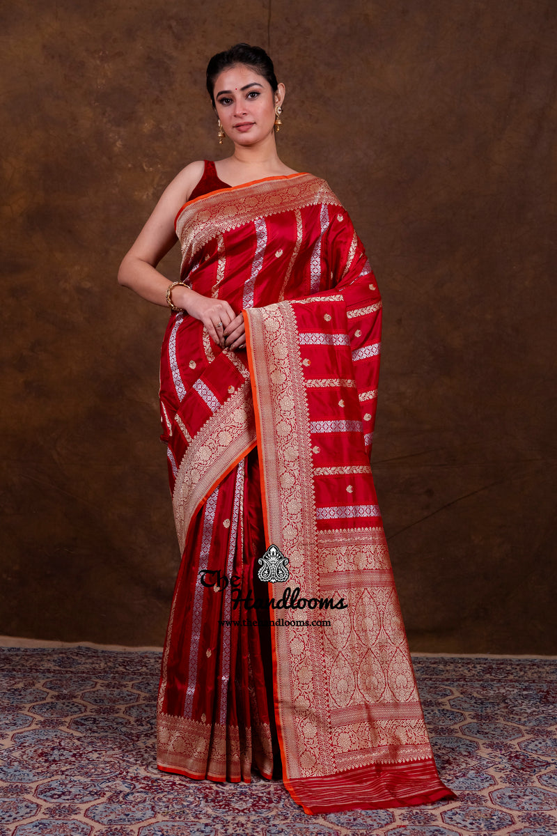 Red Pure Katan Silk Banarasi Handloom Saree - All Over Sona Roopa Jaal Work With Stripe