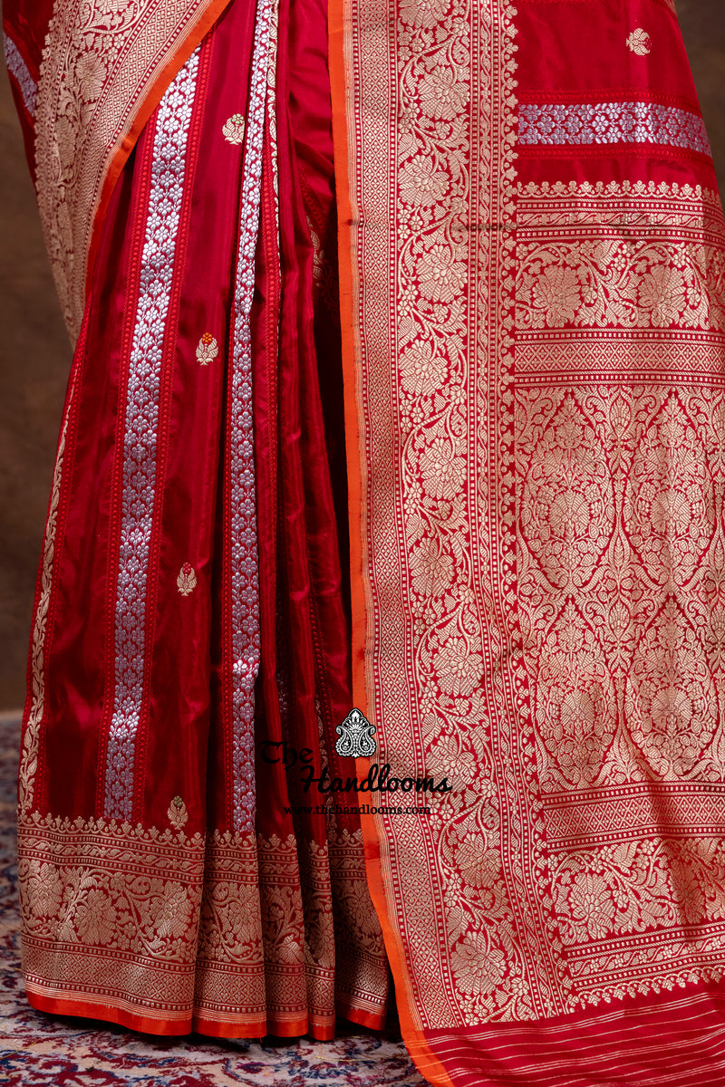 Red Pure Katan Silk Banarasi Handloom Saree - All Over Sona Roopa Jaal Work With Stripe