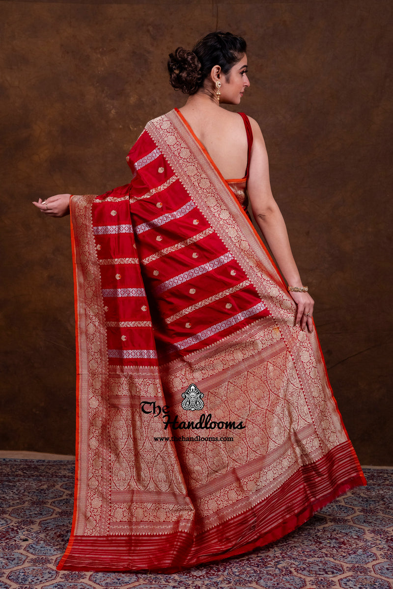 Red Pure Katan Silk Banarasi Handloom Saree - All Over Sona Roopa Jaal Work With Stripe