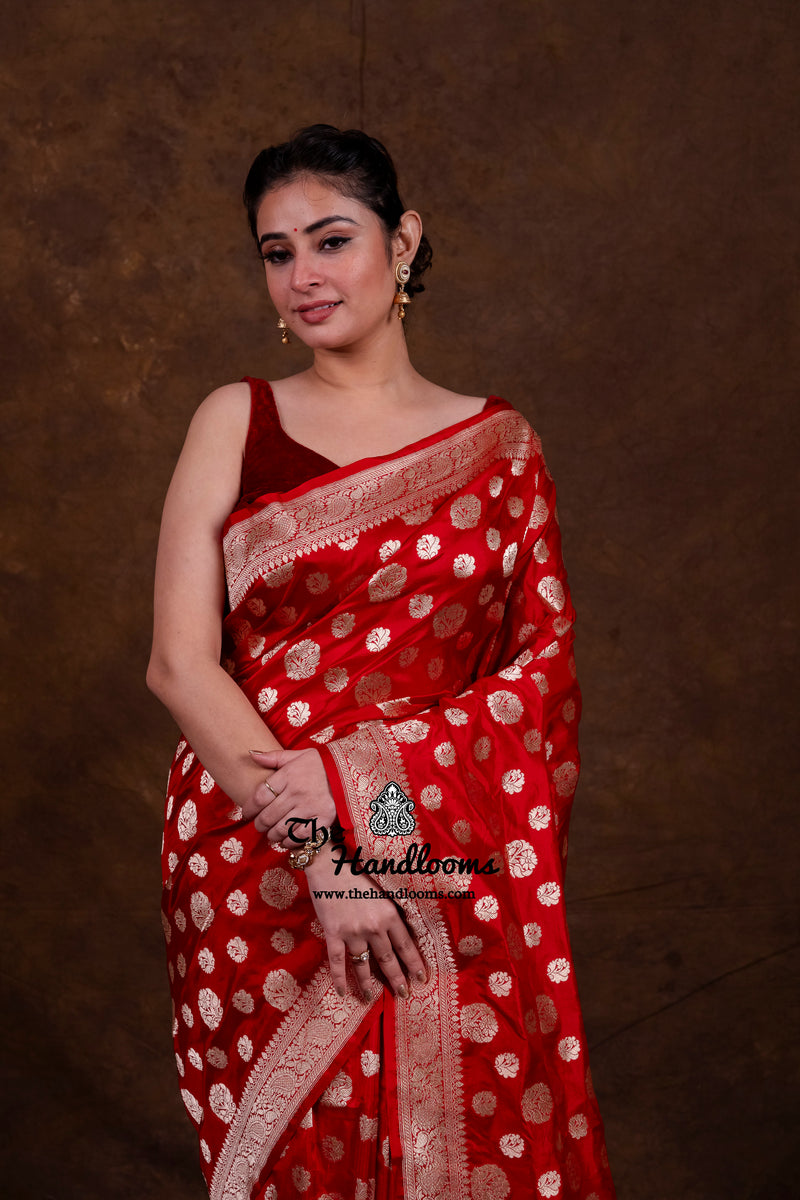 Red Pure Katan Silk Banarasi Handloom Saree - All Over Jaal Work