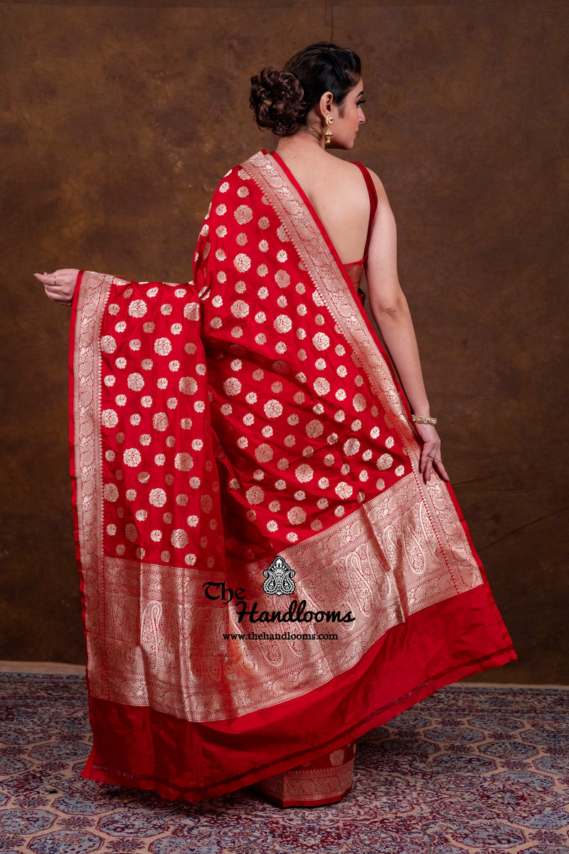 Red Pure Katan Silk Banarasi Handloom Saree - All Over Jaal Work