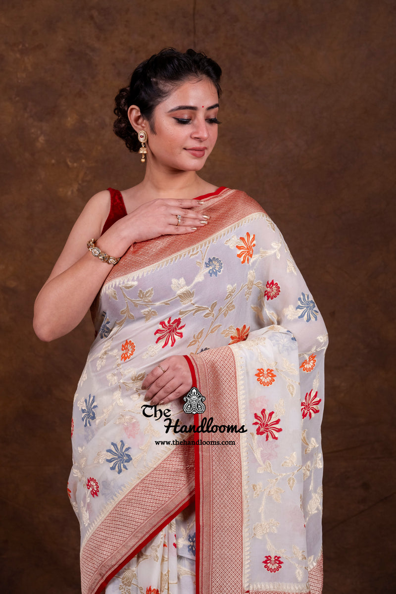 Pure Khaddi Georgette Handloom Banarasi Saree - All Over Jaal Work With Meenakari