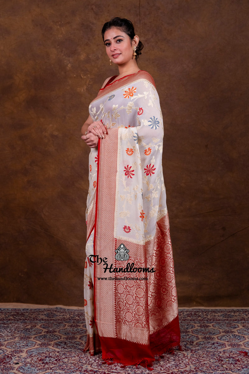 Pure Khaddi Georgette Handloom Banarasi Saree - All Over Jaal Work With Meenakari