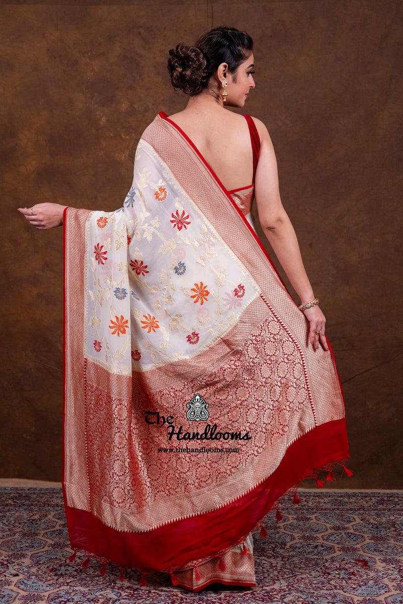 Pure Khaddi Georgette Handloom Banarasi Saree - All Over Jaal Work With Meenakari