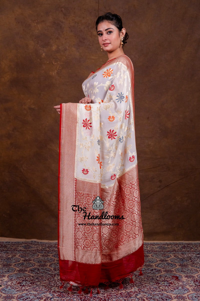 Pure Khaddi Georgette Handloom Banarasi Saree - All Over Jaal Work With Meenakari