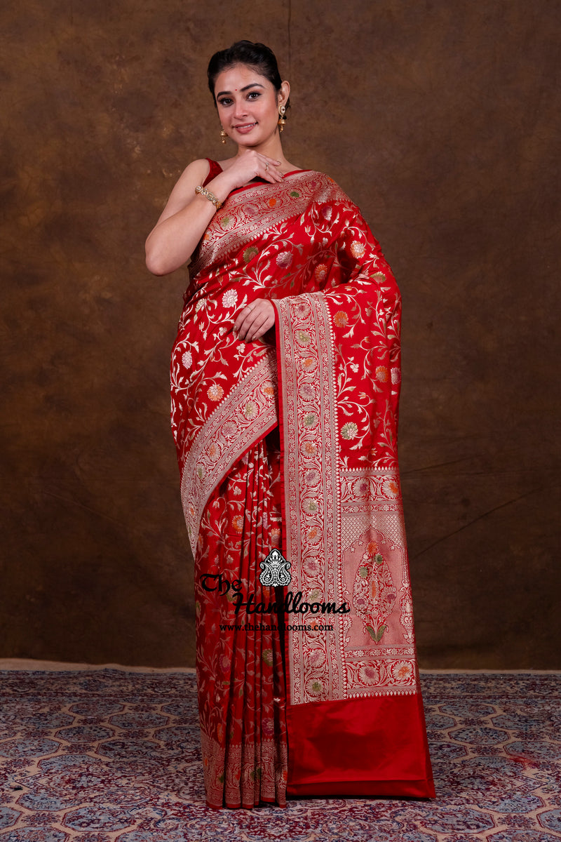 Red Pure Katan Silk Banarasi Handloom Saree - All Over Jaal Work