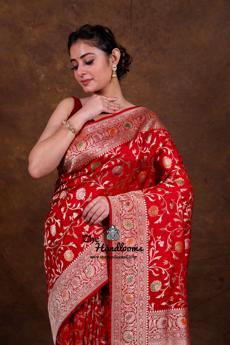 Red Pure Katan Silk Banarasi Handloom Saree - All Over Jaal Work