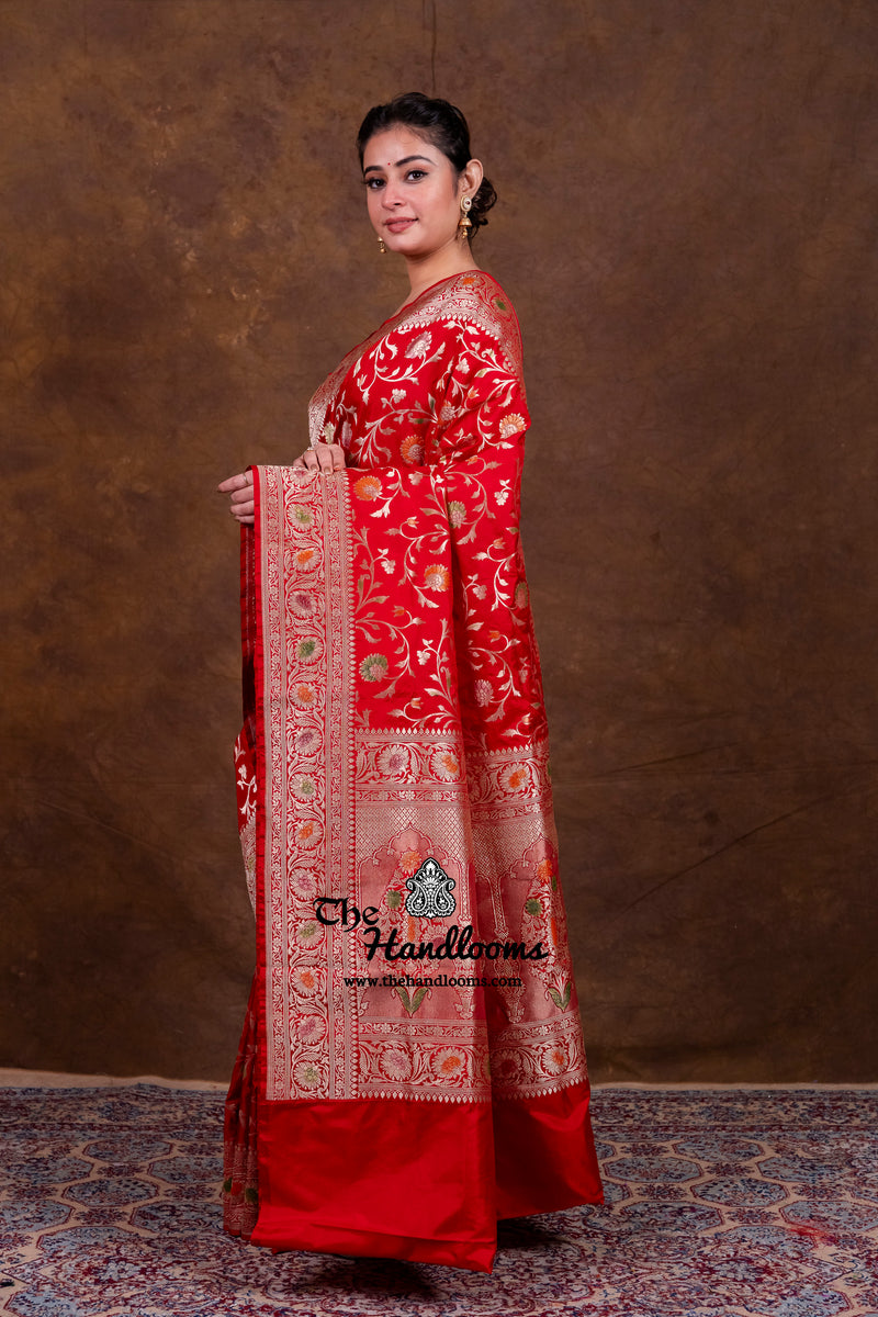 Red Pure Katan Silk Banarasi Handloom Saree - All Over Jaal Work