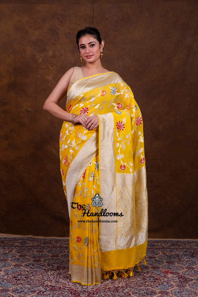Pure Khaddi Georgette Handloom Banarasi Saree - All Over Jaal Work With Meenakari