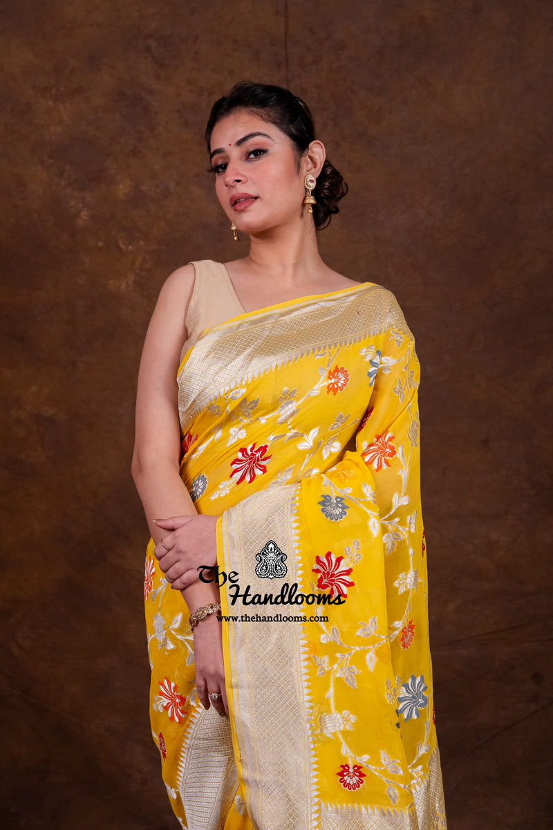 Pure Khaddi Georgette Handloom Banarasi Saree - All Over Jaal Work With Meenakari