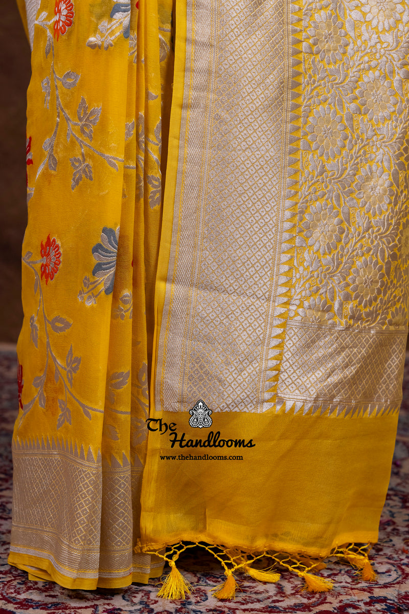 Pure Khaddi Georgette Handloom Banarasi Saree - All Over Jaal Work With Meenakari