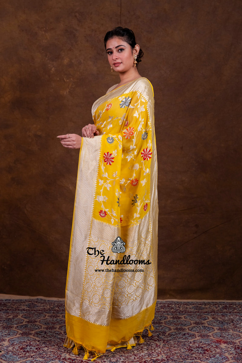 Pure Khaddi Georgette Handloom Banarasi Saree - All Over Jaal Work With Meenakari